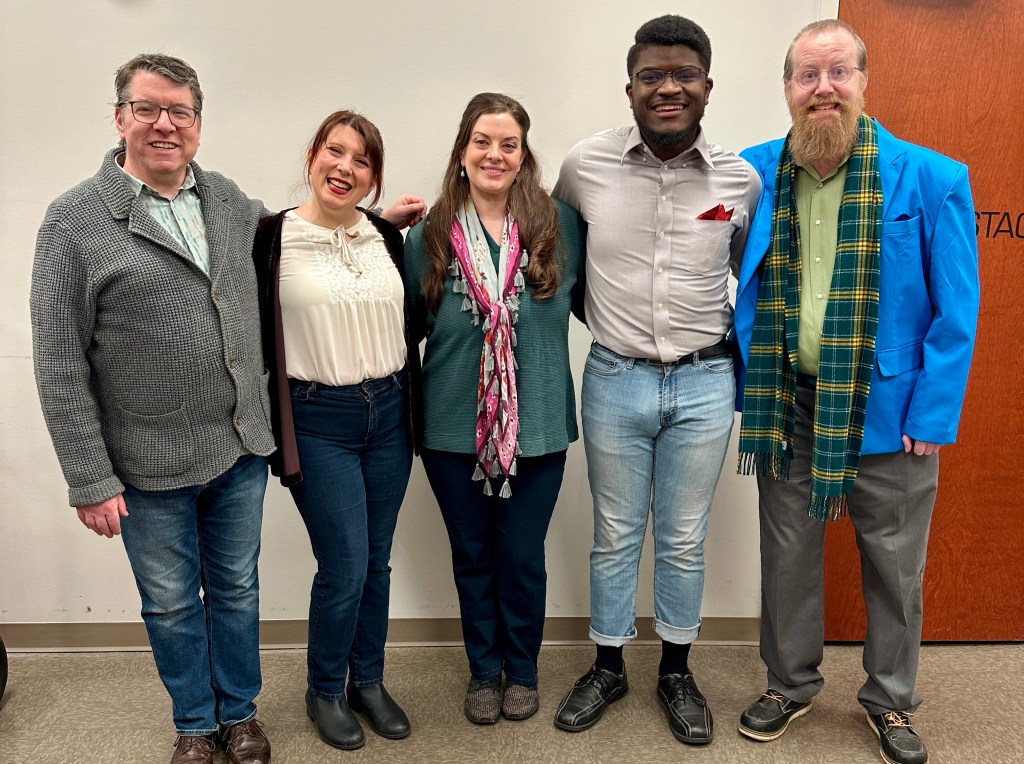 The authors of "Made-Up Stories About My Ancestors": Adam RIchter, Kathleen Harris Brantman, Megan Rose, Erick Goldsmith and Rob Weidman.